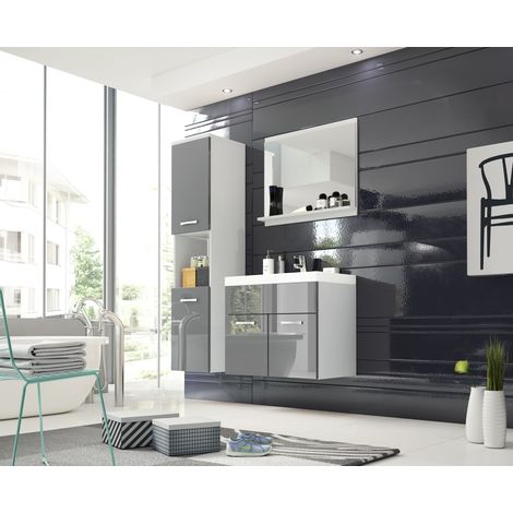 Conjunto de muebles de baño MONTREAL, juego de muebles de baño, baño pequeño, lavabo incluido, color blanco/gris brillo (1/5)