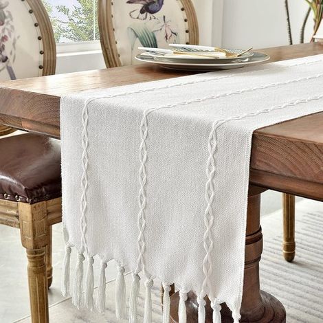 Allecto - Camino de mesa - Algodón y lino - Blanco - Apto para cenas - 120 cm - Para uso diario - Estilo rústico (1/5)