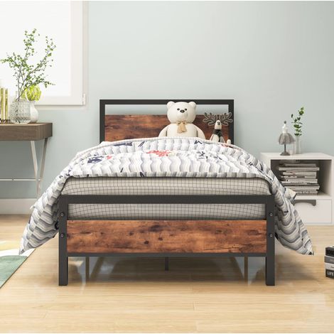Cama 90x200 cm de metal y MDF con somier y almacenaje bajo cama, marrón OKMYHOME (1/5)