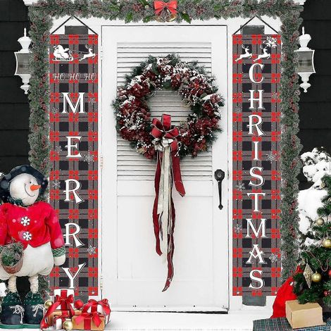 Bannière de Noël, panneau de Noël pour porche, bannière à carreaux rouges à suspendre pour l'intérieur et l'extérieur, pour le mur de la porte d'entrée (1/5)