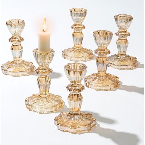 Lot de 6 Bougeoir Conique Doré Élégant Porte-Bougie Chandelier en Cristal pour Mariage Cadeau Décoration Intérieure (1/3)