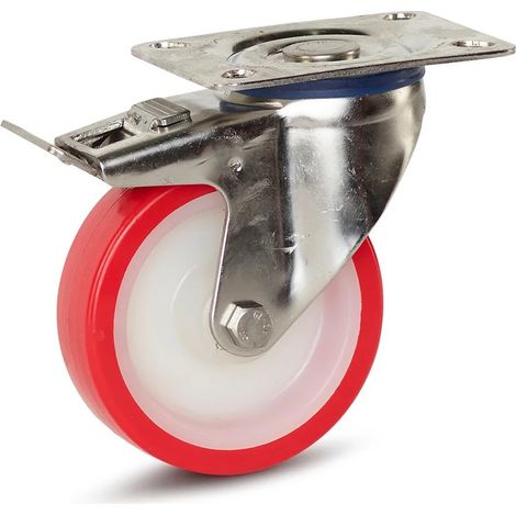 Roulette pivotante freinée - MESO - PU inox - Trou central - 100mm - 180kg