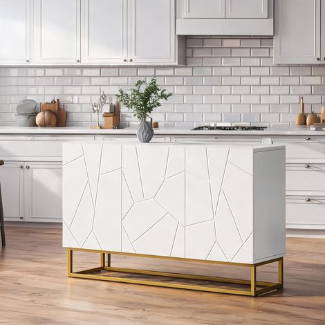 Buffet bas 130 cm blanc et or panneaux cannelés et tiroirs (1/5)