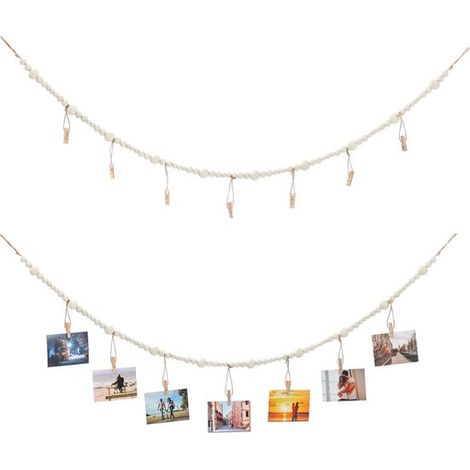 2-teiliger Foto-Hängekranz, 120 cm Juteseil, mit 7 Clips und Holzperlen, Wanddekoration im Bohème-Stil, für Fotopostkarten, DIY-Erinnerungsrahmen aus Seil