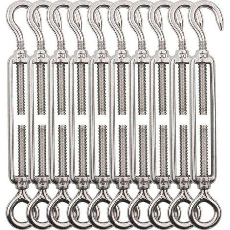 Tendeur Cable Crochet M5 (Crochet et Oeil), Tendeur Fil Acier/Tendeur Cable INOX en Acier Inoxydable 304 pour Fil a Linge, Cable Acier, Corde Acier -10 Pièces (1/4)