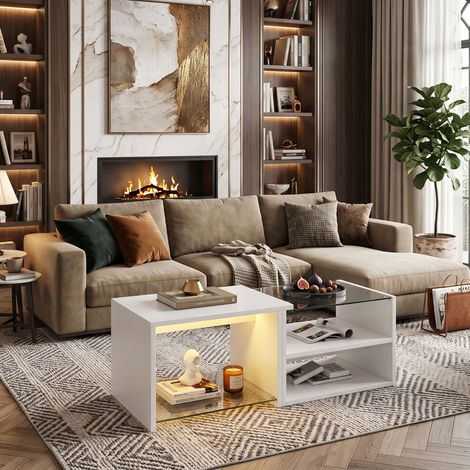 Creahappy Table Basse avec LED Connectée 100x50x38 cm - Rangement Étagère Verre Design Moderne - Blanc Brillant (1/5)