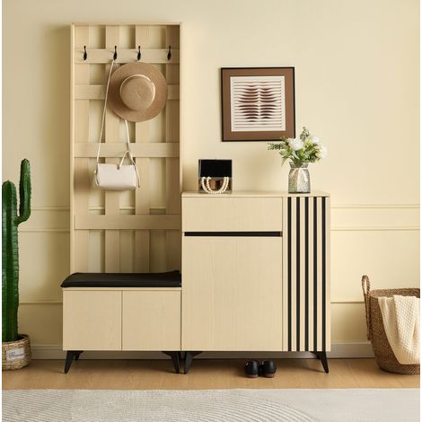 Garderoba con panca e mobile scarpiera, ripiani regolabili, MDF, legno chiaro (1/5)