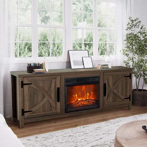 Parrot Uncle TV-Lowboard mit Elektrokamin 147 cm, TV-Schrank in rustikaler Eichenoptik mit 18-Zoll-LED-Flammeneffekt, Stauraum, Braun