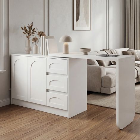 Bureau d'Angle en L Pivotant à 360°, Bureau Moderne Blanc avec 3 Tiroirs et Armoire, Dimensions 110-170 × 40 × 75 cm