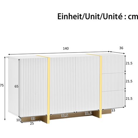 Buffet 140x36x75 cm en MDF et panneaux de bois blanc, avec rangement pour salle à manger FloraGrace (1/5)