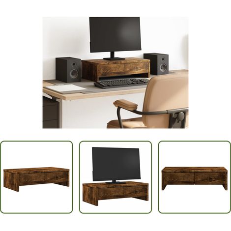 Monitorhalter Holz -  Monitorständer mit Schubladen Räuchereiche 50x27x15 cm (1/5)