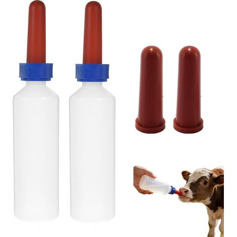 Biberon pour Veau - Lot de 2 - Plastique et Silicone - Alimentation Élevage avec Tétine - Pour Veaux et Volailles - 500ml Blanc Bleu Rouge (1/5)
