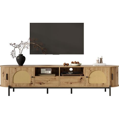 Meuble TV ovale en rotin, portes coulissantes, portes et tiroirs, aspect bois, pieds en métal, meuble de salon multifonction avec rangement (1/5)