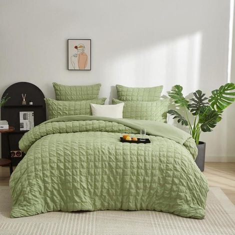 Parure de lit Seersucker 135x200cm Vert à Carreaux Microfibre Été Doux Respirant avec Fermeture Éclair