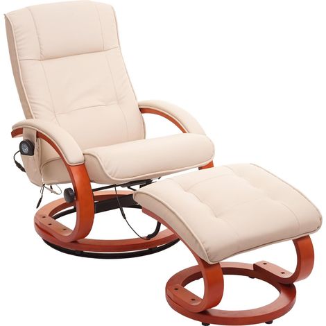 Fauteuil TV pivotant avec repose-pieds fonction massage en PVC blanc-crème 040006870