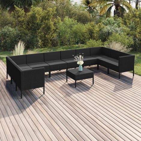 Set de muebles de jardín 11 pzas cojines ratán sintético negro vidaXL