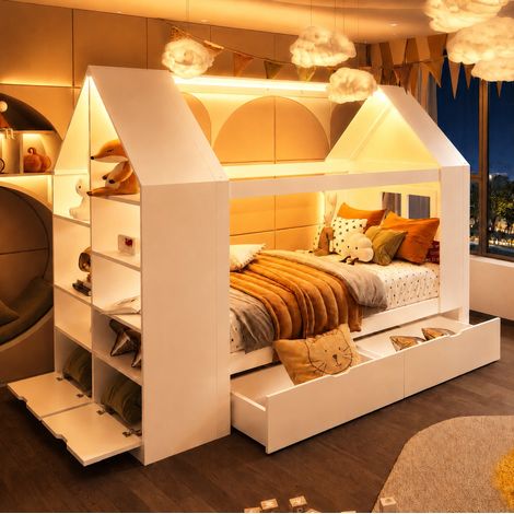Kinderhausbett 235x95x154.5 cm, mit 2 Schubladen, LED Beleuchtung, offenen Fächern, Massivholz und MDF, Weiß (1/5)