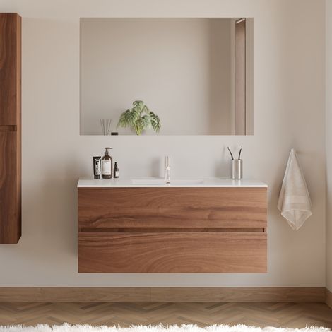 Meuble de salle de bain 120cm simple vasque - 2 tiroirs - noyer (bois foncé) - IDA (1/5)
