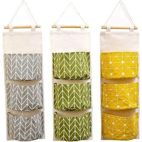 Set di 3 borse portaoggetti impilabili a 3 scomparti, da appendere, 60 x 20 cm - Tessuto di lino impermeabile, ampie tasche, ideali per camera da letto, bagno, cucina o ufficio. Appendiabiti.