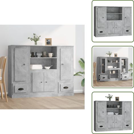Buffets 3 pcs gris béton bois d'ingénierie - Buffet Design Moderne - Meuble Rangement Cuisine - Buffet Gris - Buffet Industriel - Buffet Salon (1/5)