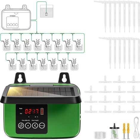 Kits D'irrigation Goutte à Automatique Solaire avec Minuterie, Sortie 3W, Système Energie Solaire, D'arrosage pour Plantes de Jardin 15 pots, Arroseur - (1/5)