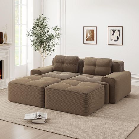 Canapé modulable Cloud en forme de U, sans structure, confortable en velours côtelé, avec pouf, canapé modulable 2 places, canapé 2 places avec assise profonde pour salon, canapé livré monté, marron