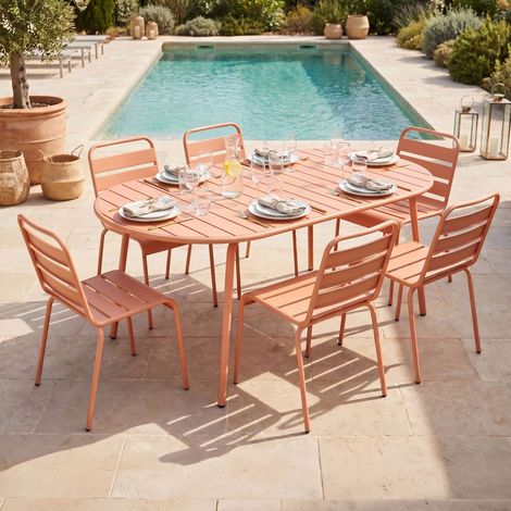 Ensemble table de jardin ovale + 6 chaises en métal terracotta - BACA (1/5)