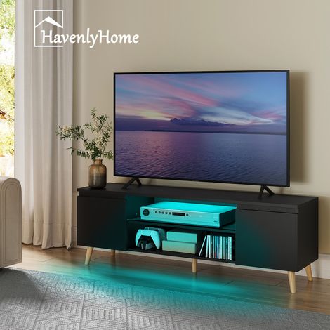Meuble TV LED 140 cm HavenlyHome, Support Télé avec 2 Portes et 2 Etagères, pour Télévision jusqu'à 65", pour Salon et Chambre, Noir (1/5)