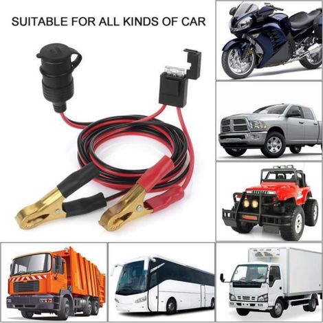 Câble De Connexion Batterie - Prise Allume-Cigare Femelle 12 V 24 V - Pinces Crocodile - Fusible 25 A - Longueur 2 M - Pour Voiture Camping-Car Bateau (1/2)