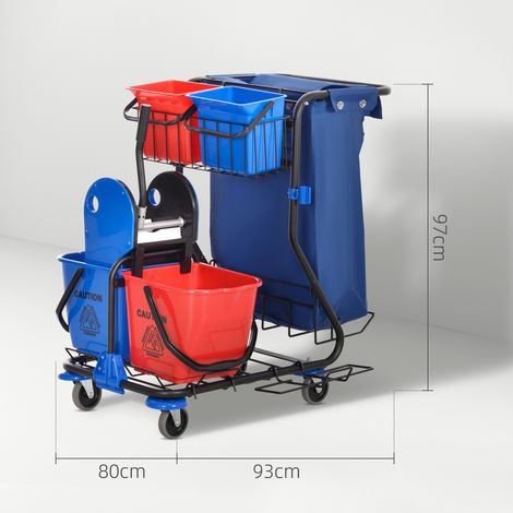 Sacs poubelle, 4 seaux, chariot de nettoyage avec manche à balai, 93 x 80 x 97 cm, rouge, bleu, noir (1/5)
