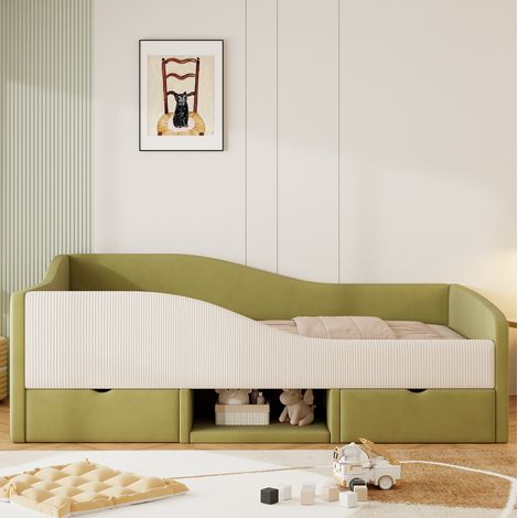 MEUBLIV Lit enfant rembourré 90 x 190 cm avec 2 tiroirs et rangement, barrières de sécurité et sommier à lattes,velours vert et ivoire (1/5)