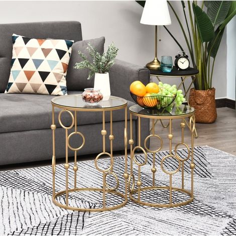 MEUBLIV Lot de 2 tables basses gigognes rondes en verre trempé et métal doré (1/5)