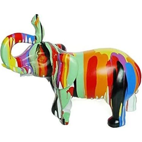 Statue éléphant multicolore H51 cm en polyrésine laquée – Décoration artisanale pour intérieur – Longueur 60 cm – Profondeur 28 cm – Meubletmoi