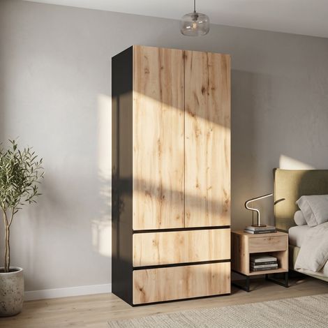 Armoire Penderie de Chambre 2 Portes et 2 Tiroirs Dressing Moderne Placard de Rangement en Bois Chêne et Noir pour Entrée Bureau 90x50x200cm (1/5)