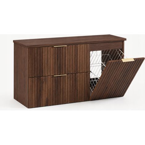 Meuble sous vasque suspendu FLOW 120 cm noyer foncé avec panier à linge et plan de travail (1/5)