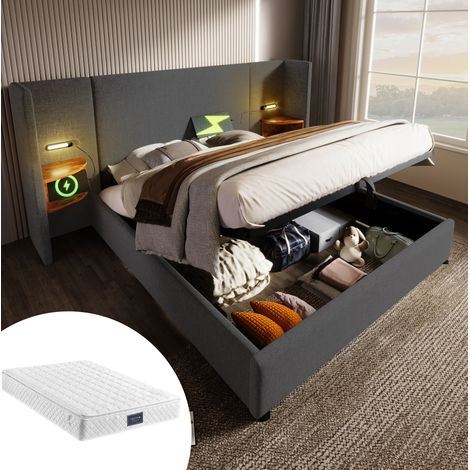Cama dormitorio con almacenaje USB y luz gris 160x200 OKMYHOME (1/5)