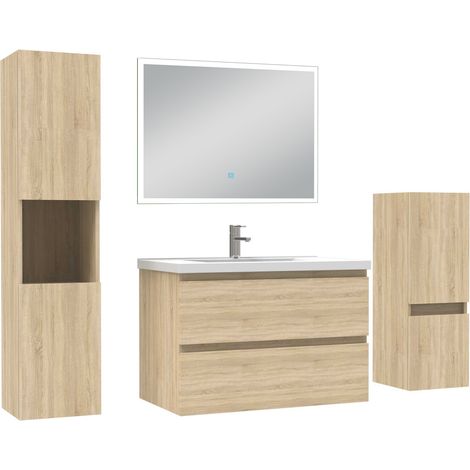 Ocean Ensemble meuble Salle de Bain 80cm avec simple vasque et colonne et miroir lumineux dimmable chêne wotan