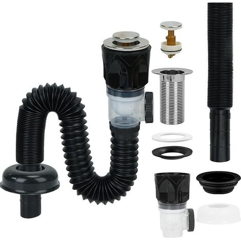 Bonde de Lavabo Siphon Lavabo Kit Syphon Lavabo Salle de Bain Siphon Evier Cuisine Evacuation Evier avec Tuyau de Vidange Rétractable et Bouchon Vidange Escamotable Extensible de 230 à 800mm