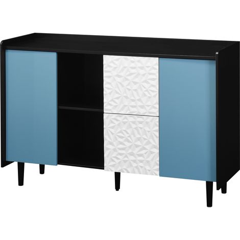 Aparador negro con puertas azules, 2 cajones y compartimentos abiertos, 120 x 40 x 80 cm (1/5)