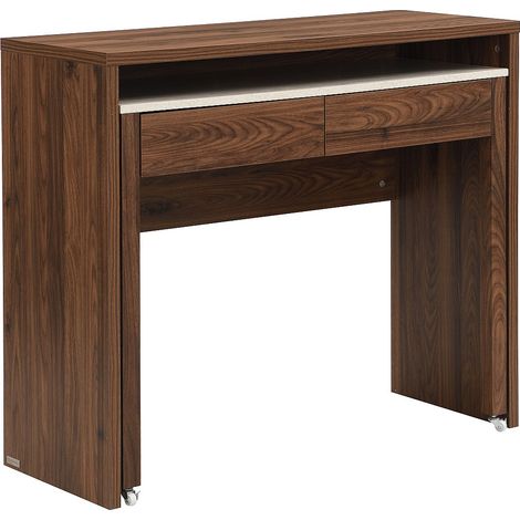 Bureau console extensible avec 2 tiroirs – Effet travertin et naturel foncé - LOAVIA (1/4)