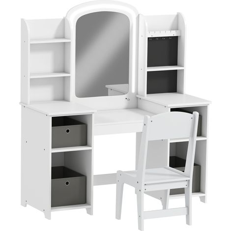 Coiffeuse enfant avec tabouret et miroir LED, pour enfants de 3 à 8 ans, 104 x 40 x 112 cm, blanche (1/5)