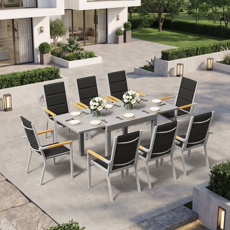 Ensemble Table Chaise Jardin 8 personnes,Table Jardin Chaise en Aluminium,8 Chaises Jardin Accoudoirs Imitation Bois et 1 Table Jardin Extensible,Imperméable, Antirouille,Tout Temps,Gris Clair (1/5)