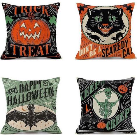 4 pices Halloween taie d'oreiller,orange et vert Halloween dcoration Jardin taie d'oreiller (coussins non inclus) (1/4)