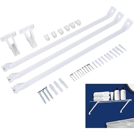 Ensemble de 3 supports d'étagère en fil d'acier avec 6 pinces et 2 supports d'extrémité pour étagère en fil d'acier de 12 pouces (30,5 cm) pour armoire ou penderie. (1/5)
