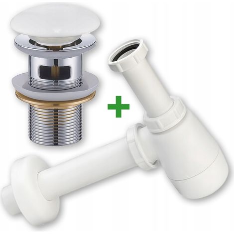 Set: tappo in ceramica click-clack con troppopieno + sifone per lavabo bianco (1/5)