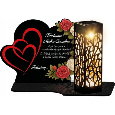 Bougie solaire éternelle XL cœur et roses – 19 cm en verre acrylique – Lampe LED avec détecteur crépusculaire – Pour tombe de la Toussaint