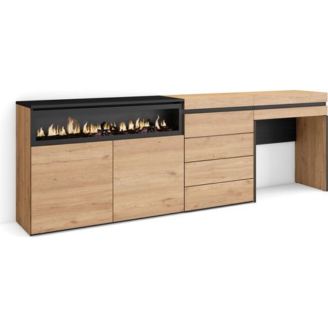 Skraut Home – Buffet moderne en chêne – 227x35x75cm – Meuble de rangement avec cheminée électrique – Commode et coiffeuse intégrées (1/5)