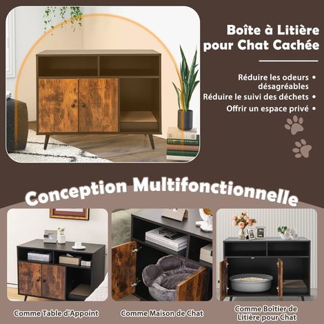 Intimité et rangement, meuble litière chat avec griffoir, entrée sinueuse et double porte, pour la plupart des bacs à litière (1/5)