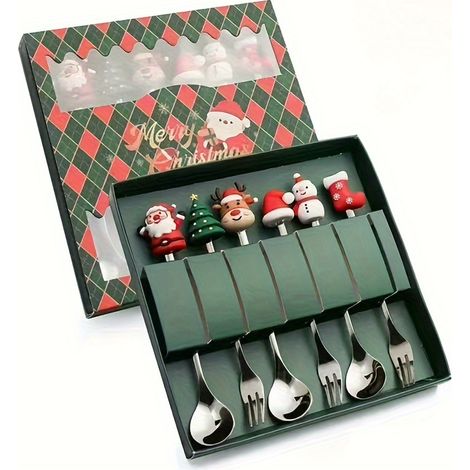 WONGIRL Ensemble de couverts de Noël en acier inoxydable - Cuillères à café et fourchettes ovales résistantes à la rouille, lavables au lave-vaisselle (1/5)