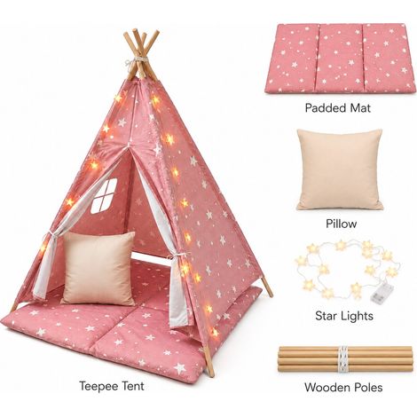 Tenda Tipi GINGER HOME Little Stars per Bambini, 100% Cotone, Rosa con Stelle, Tappetino, Cuscino e Luci LED, 120×120×160 cm (1/5)